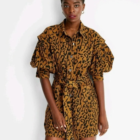 TARGET x Kahlana Barfield Brown Leopard Print LS Utility Denim A-Line Dress - Picture 1 of 15